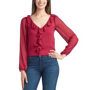 NEW BCX Dark Red Sheer Polka Dot Ruffle Blouse Size Medium Clip Dot Boho Top